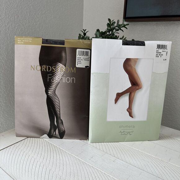 Pantyhose Lot Nordstrom Shimera Black Size B Chevron Control Sheer 20 Denier Leg - Picture 1 of 10